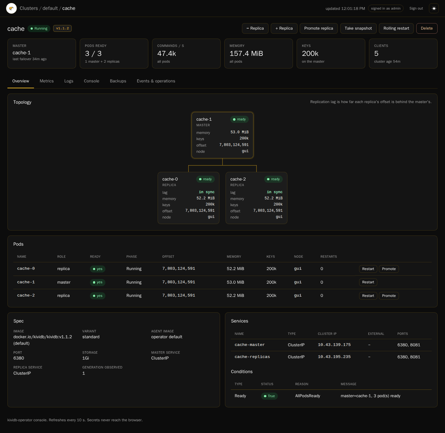 A cluster's page: the master and its replicas with readiness, memory, keys and replication lag, then the pods, spec, services and conditions